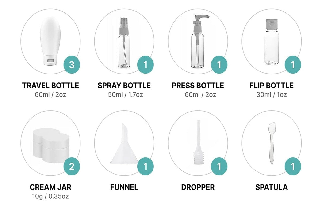11-piece travel bottle set for carrying shampoo, lotion and toiletries on the go