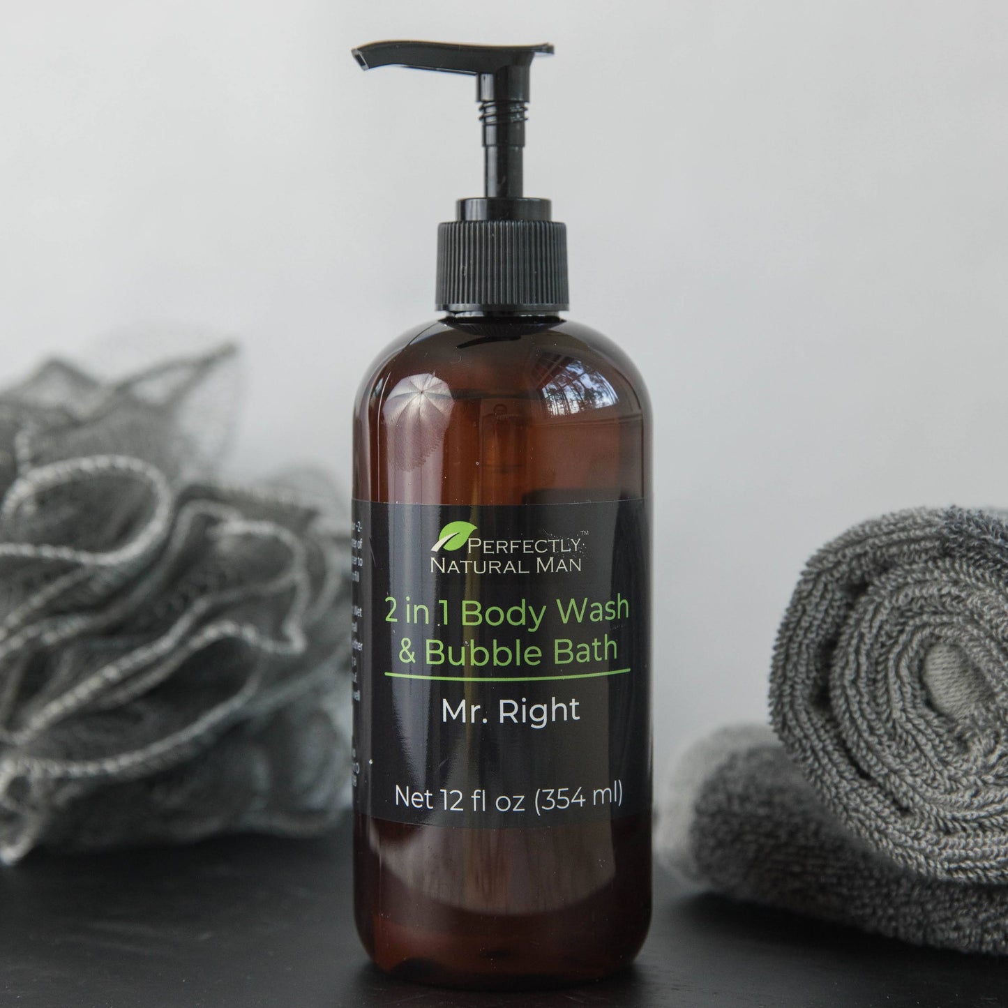 Men's 2-in-1 natural body wash and bubble bath Bay Rum and Mr. Right scents side by side