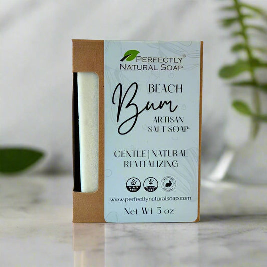 Beach Bum natural salt soap bar close-up showing grainy sea salt exfoliating texture, 5 oz
