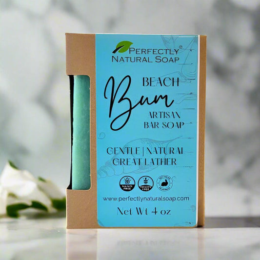 Beach Bum natural soap bar close-up showing rich shea butter lather, handmade coastal scented soap 4 oz