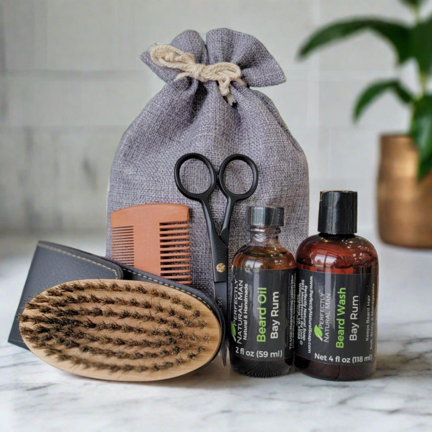 Men's natural beard care grooming kit Bay Rum scent, complete beard kit with wash, oil, balm and scissors