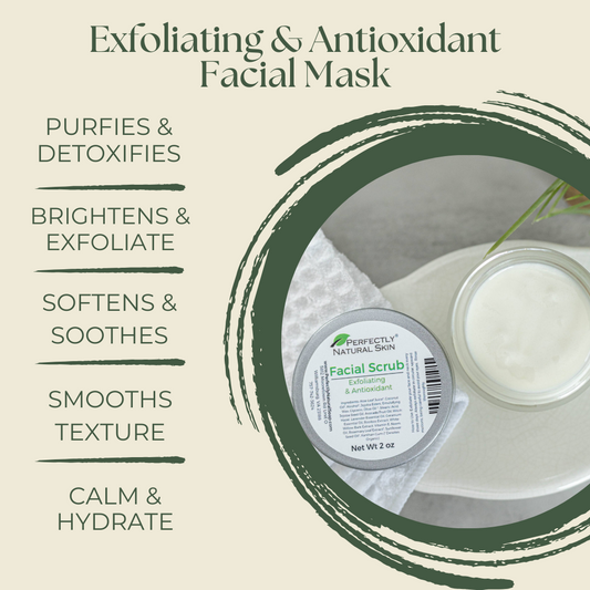 Exfoliating natural facial scrub 2 oz jar close-up, antioxidant-rich formula for smooth glowing skin