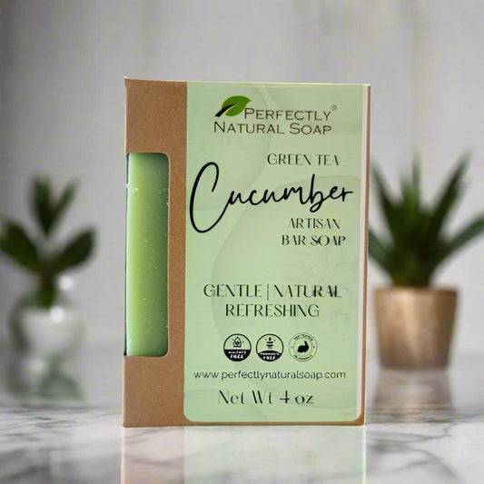 Green tea cucumber natural soap bar close-up, refreshing green tea and cucumber handmade bar soap 4 oz