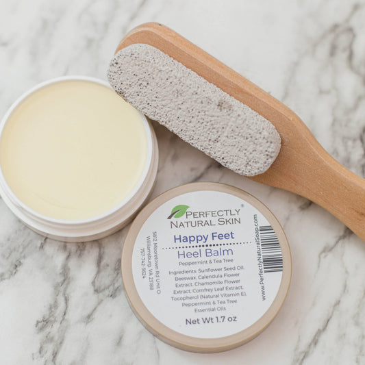 Happy Feet heel balm close-up, natural balm for repairing dry cracked heels and rough foot skin