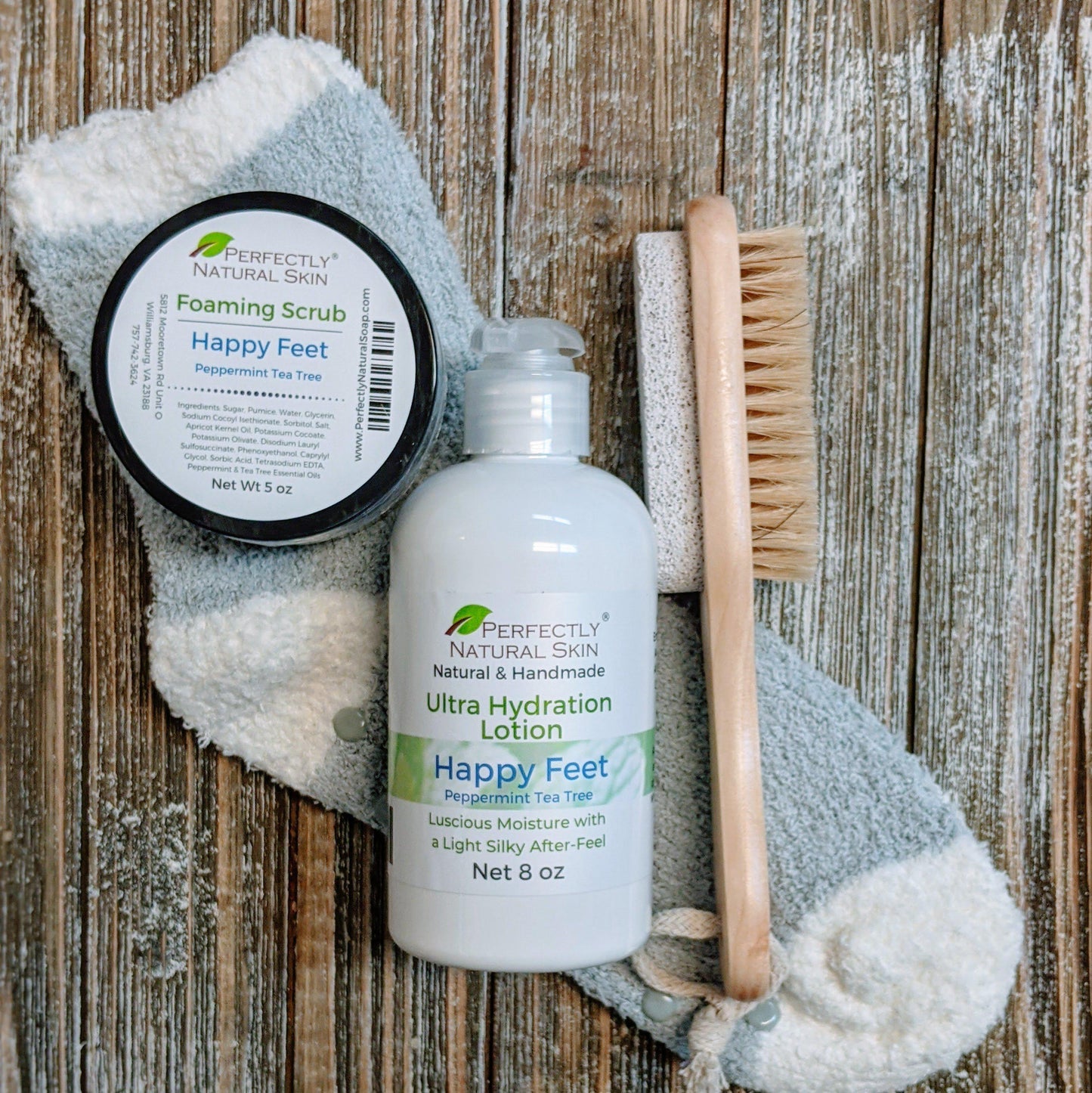 Happy Feet foot care set in use at home spa, natural foot scrub and heel cream for soft smooth feet