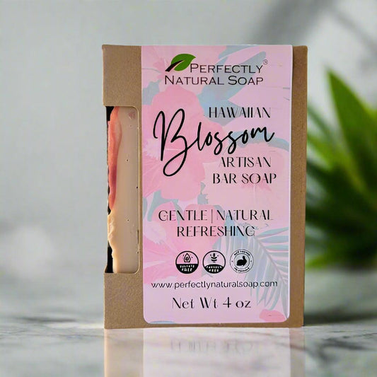 Hawaiian Blossom natural soap bar close-up, tropical handmade bar soap with rich creamy lather