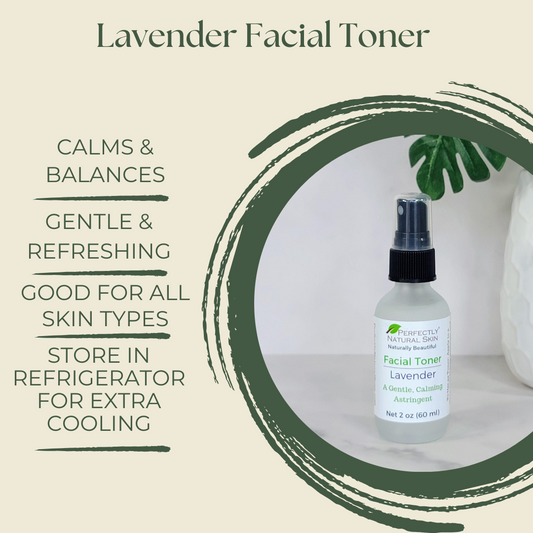 Lavender facial toner 2 oz bottle close-up, calming lavender skin toner for daily use