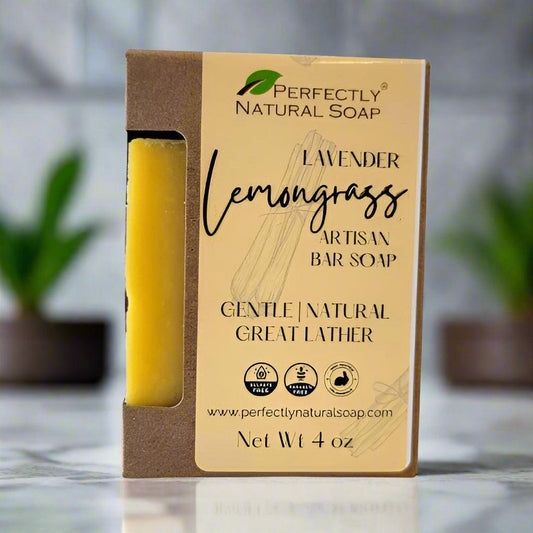 Lavender lemongrass natural soap bar close-up showing creamy lather, handmade herbal bar soap 4 oz