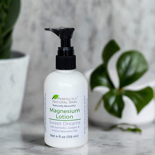 Magnesium lotion 4 oz being applied to skin, sleep-promoting formula with transdermal magnesium