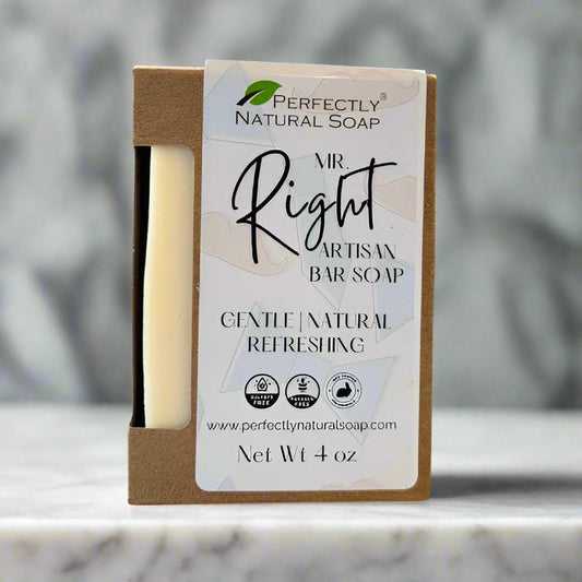 Mr Right natural soap bar close-up showing rich aromatic lather, handmade men's bar soap 4 oz