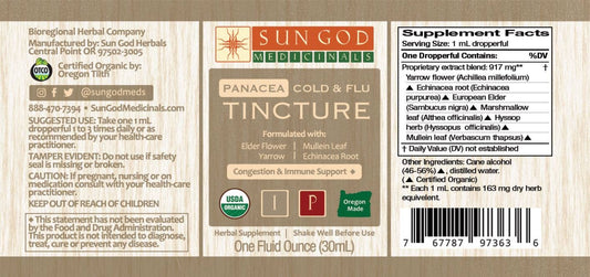 Organic Panacea herbal immune support tincture 1 oz dropper bottle, organic botanical extract for daily wellness support