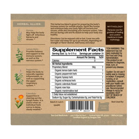 Organic Panacea immune defense 2 oz showing loose herb blend, herbal tea for immune system support