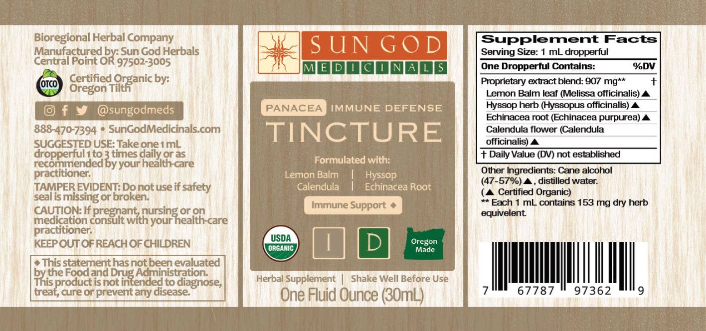 Organic Panacea immune defense tincture 1 oz dropper bottle, herbal extract for daily immune defense