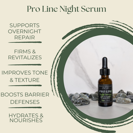 Pro-Line botanical night repair serum 1 oz close-up, retinol and green tea serum for overnight skin renewal