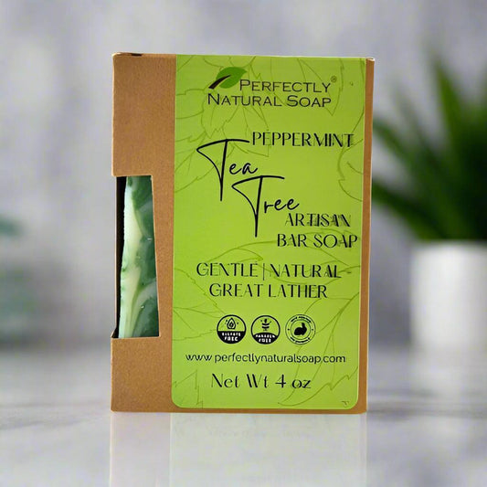Peppermint tea tree natural soap bar close-up, cooling handmade soap bar with antibacterial tea tree oil