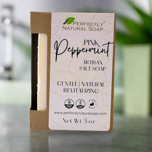 Pink Peppermint Himalayan salt soap bar close-up showing pink mineral salt texture, natural handmade salt bar