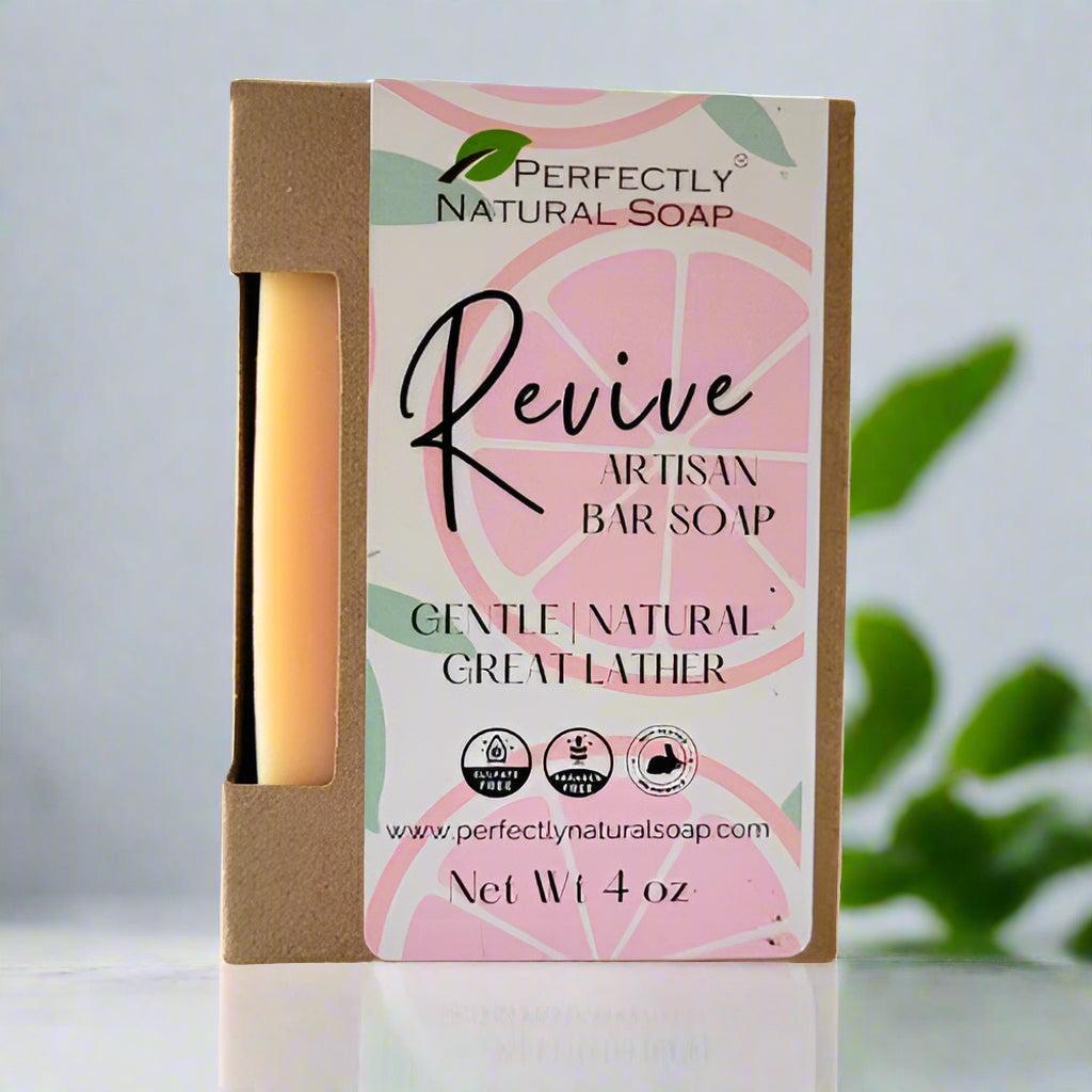 Revive natural soap bar close-up, energizing handmade bar soap with fresh uplifting fragrance