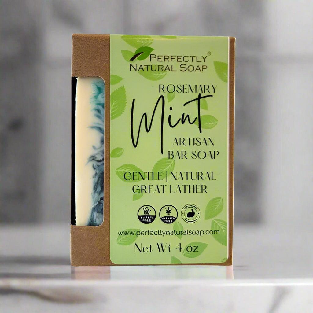 Rosemary mint natural soap bar close-up, handmade herbal bar soap with rich creamy lather