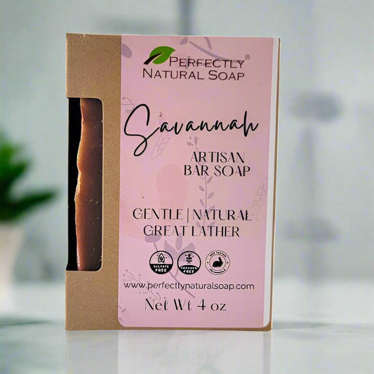 Savannah bar natural soap bar close-up, handmade Southern-inspired bar soap with rich creamy lather