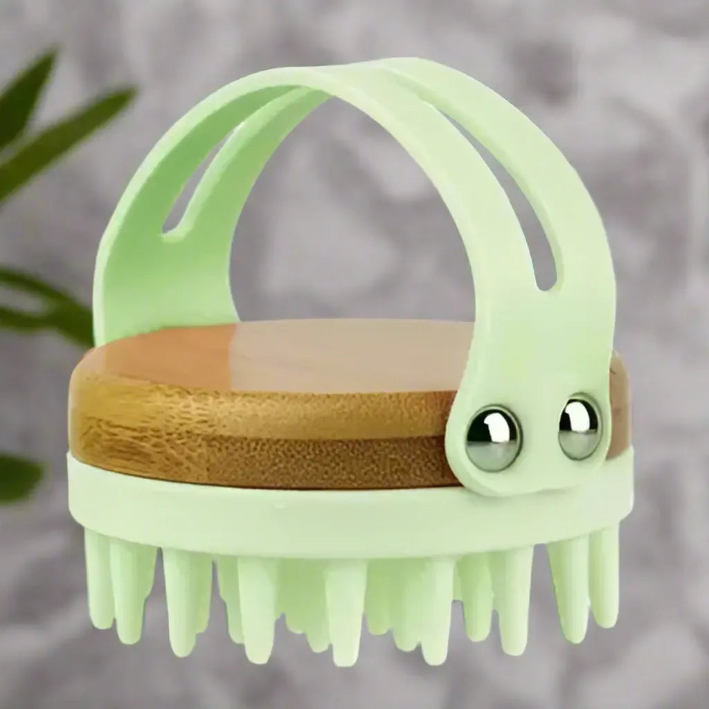Shampoo and scalp brush with bamboo base in pistachio, silicone bristle brush for scalp massage while shampooing