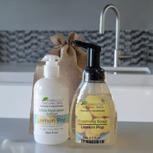 Sink set gift bundle opened showing lotion and foaming soap bottles, natural bathroom gift set