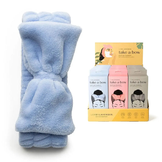 Take A Bow ultra plush spa headband in blue, soft bow headband for keeping hair back during skincare