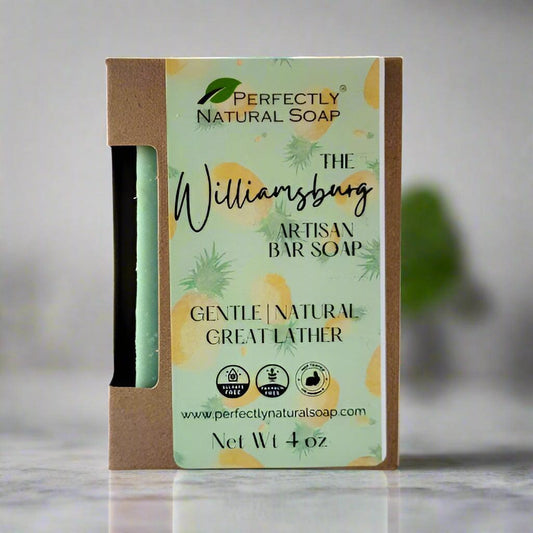 The Williamsburg natural soap bar close-up, rich complex handmade artisan bar soap with refined lather