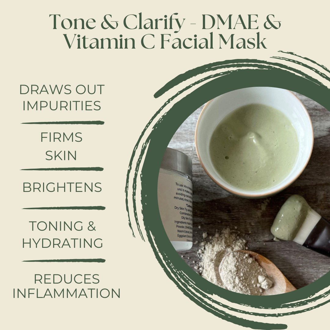 Tone and Clarify DMAE vitamin C facial mask close-up texture, natural firming and brightening clay mask