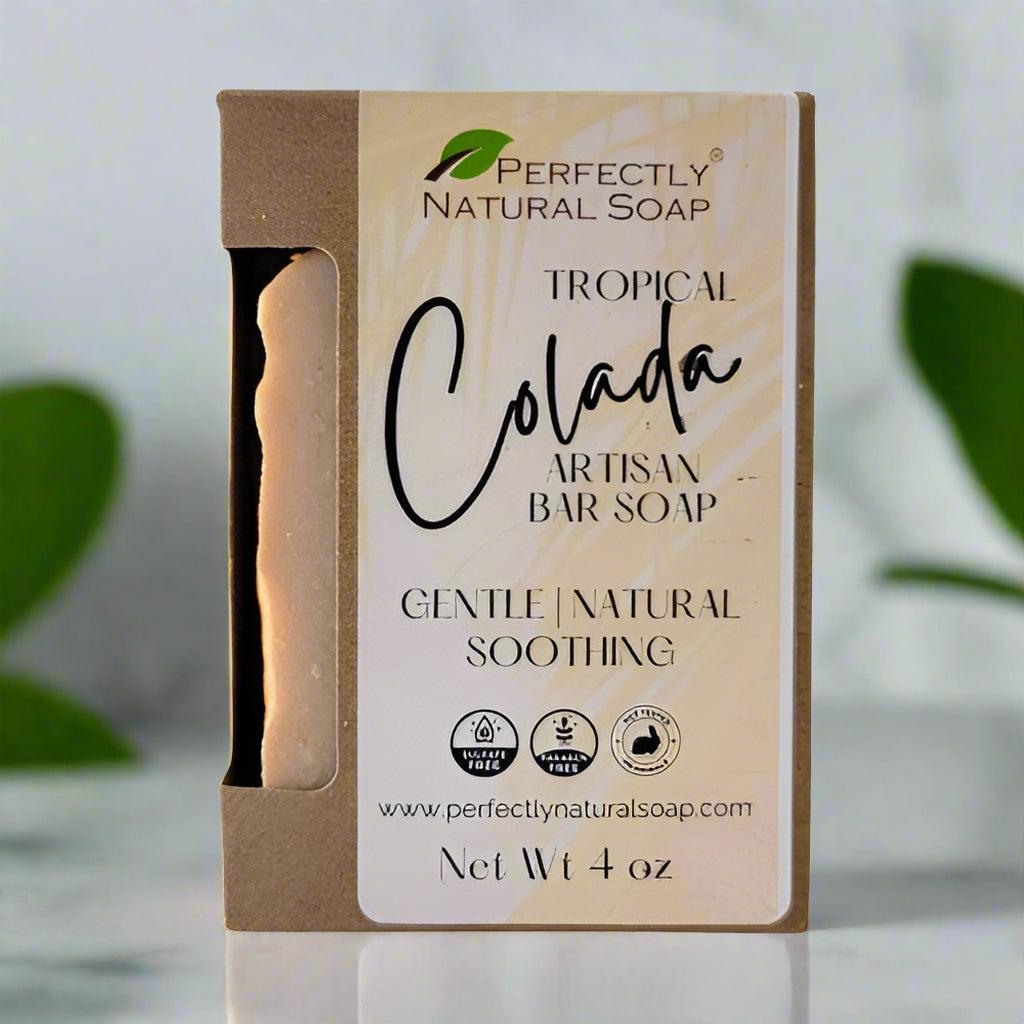 Tropical Colada natural soap bar close-up, seasonal coconut and tropical fruit handmade bar soap 4 oz