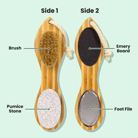 4-in-1 bamboo pedicure tool showing all four functions for sustainable foot and nail care