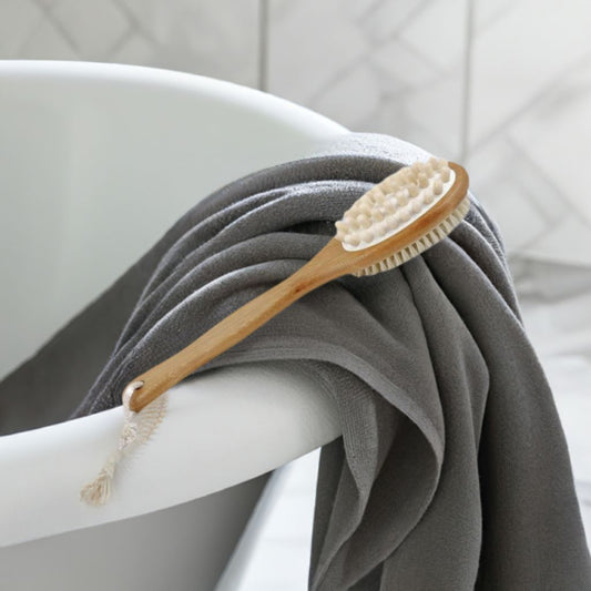 10-inch natural dual-function massaging bath brush with bristle head and wooden handle