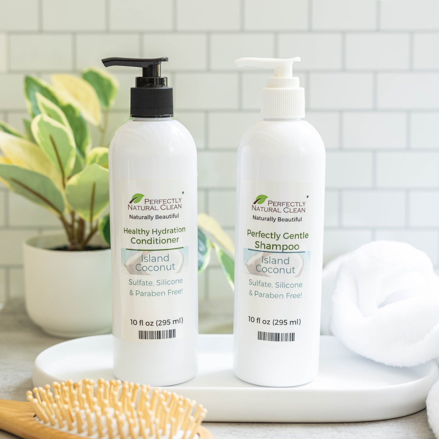 Natural hair conditioner and shampoo 10 oz bottles together, sulfate-free Perfectly Natural Soap hair care duo
