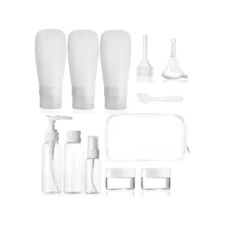11-piece portable travel bottle set showing all sizes and cap styles