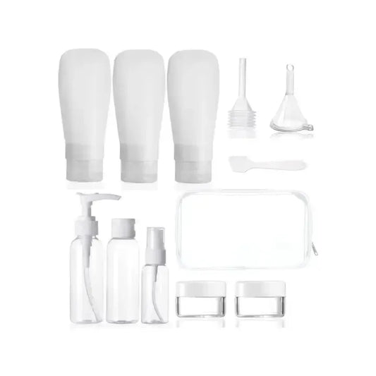 11-piece portable travel bottle set showing all sizes and cap styles
