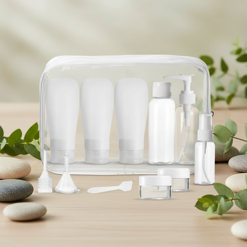 11-piece travel bottle set with assorted container sizes for toiletries