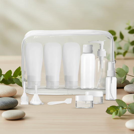 11-piece travel bottle set with assorted container sizes for toiletries