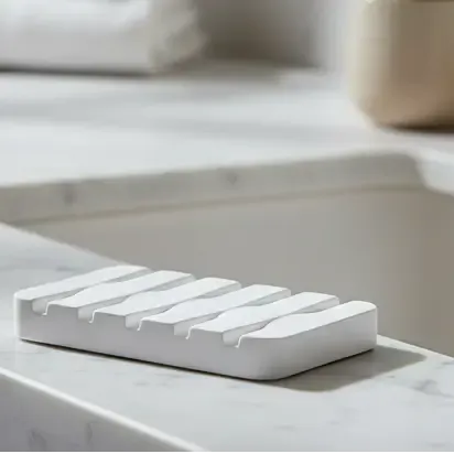 Diatomaceous earth absorbing concave soap dish in white, fast-drying natural mineral soap dish