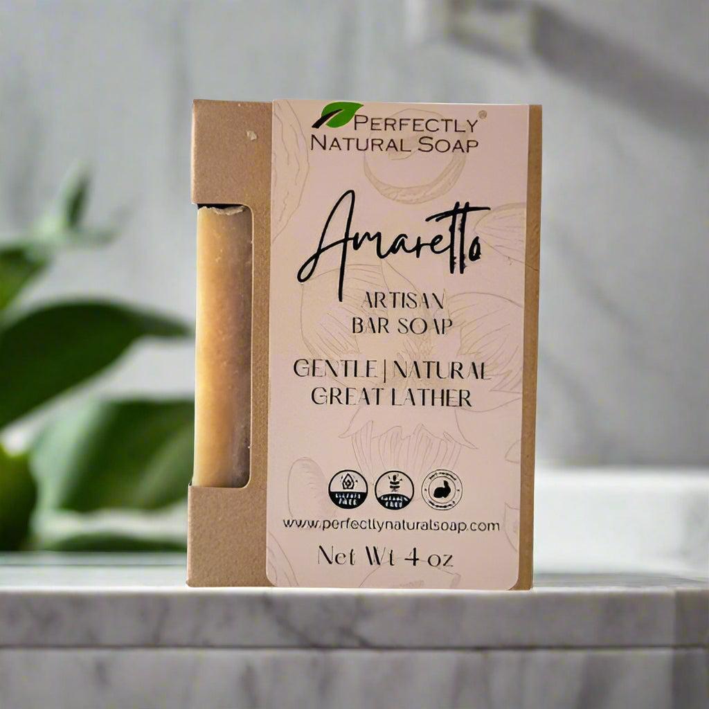 Amaretto natural soap bar showing rich creamy lather, warm and sweet handmade bar soap