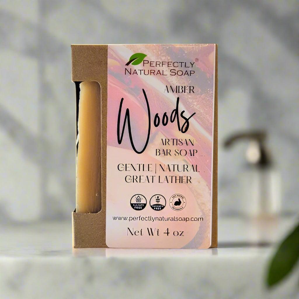 Amber Woods natural soap bar close-up, grounding forest-inspired handmade bar soap with rich lather