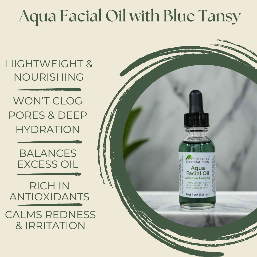 Aqua facial oil Blue Tansy showing stunning blue-green color, 1 oz dropper bottle for blemish-prone skin
