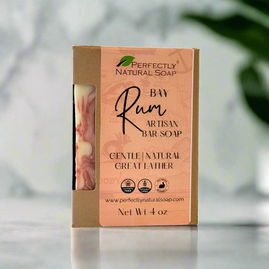 Bay Rum natural soap bar close-up showing rich creamy lather, classic masculine handmade bar soap