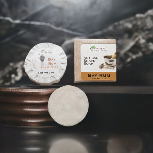 Bay Rum natural artisan wet shave soap puck, rich conditioning lather for a closer more comfortable shave