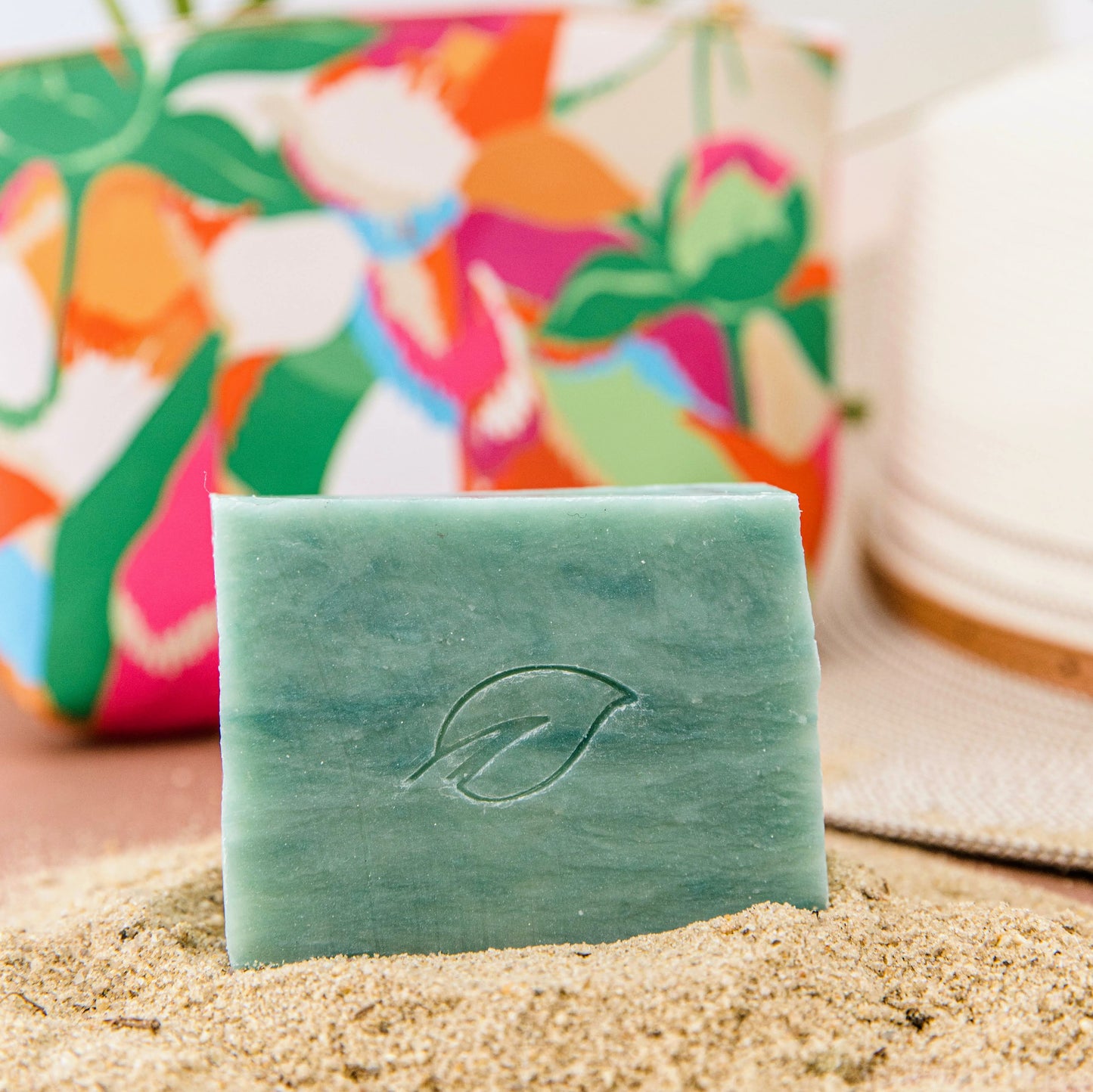 Beach Bum natural soap bar 4 oz beachy lifestyle shot, handmade soap with tropical coastal fragrance