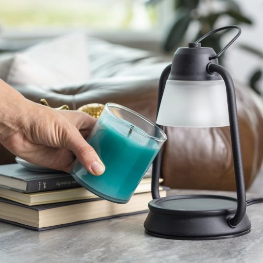 Beacon candle warmer lantern in black matte finish with frosted white shade, for jar candles and wax melts