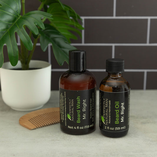 Men's natural beard wash 4 oz in use, gentle beard cleansing wash for a softer more manageable beard