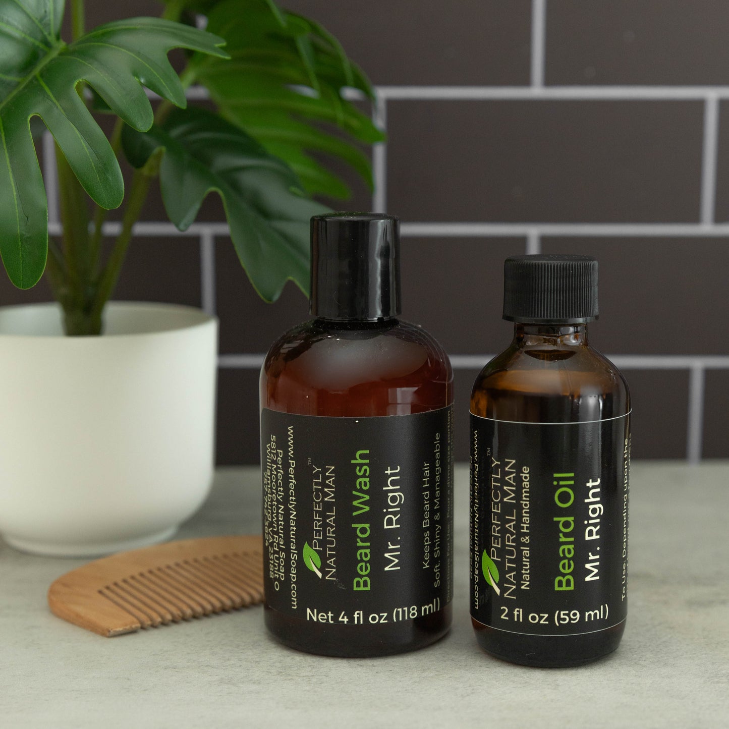 Men's natural beard wash 4 oz bottles showing scents, natural beard care for clean conditioned beard