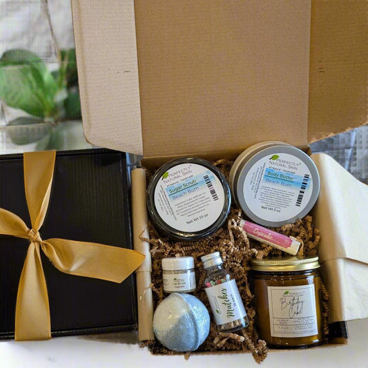 Luxury natural bath and body birthday gift box Beach Bum scent, curated handmade soap and body care gift