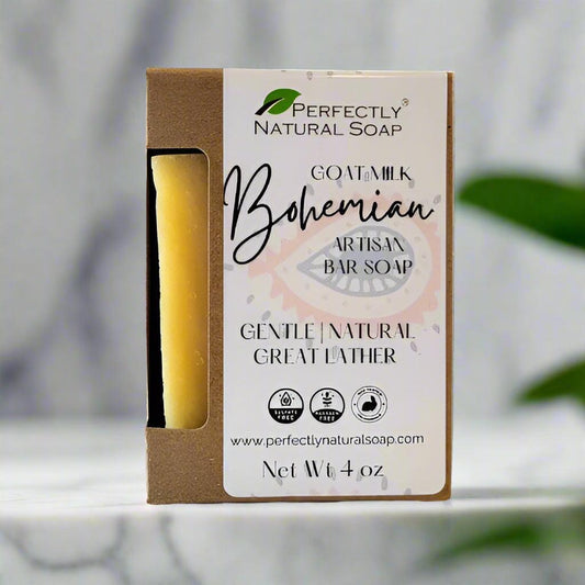Bohemian goat milk natural soap bar close-up showing creamy lather, handmade moisturizing bar soap