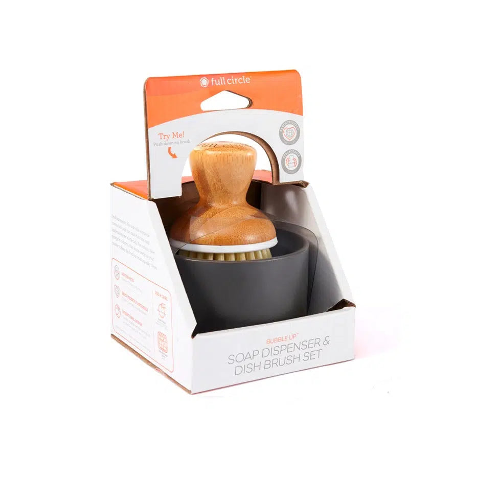 Bubble Up ceramic dish scrubber set with soap holder in grey, modern kitchen eco-friendly set