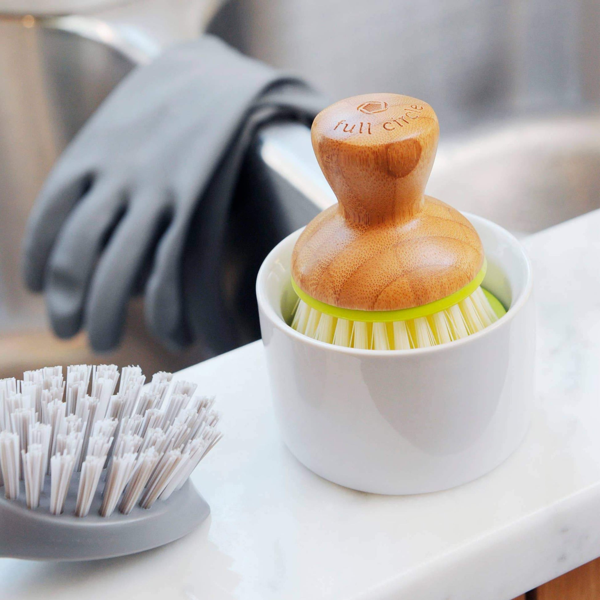 Bubble Up ceramic dish scrubber set with soap holder in white, sustainable kitchen dishwashing set